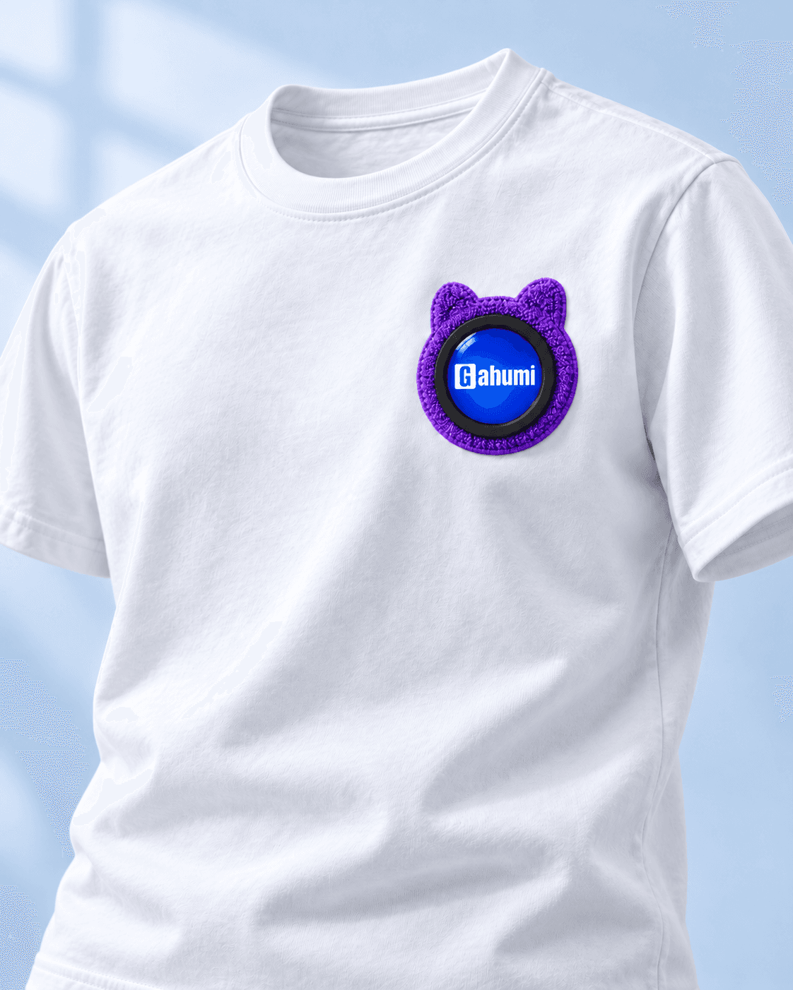 White 300 GSM cotton T-shirt concept with purple towel embroidery and a black rubber display surround