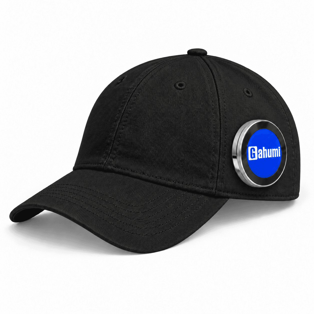 Black cap concept with a circular side display and silver aluminum-alloy bezel, without a towel patch